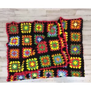 Vintage Handmade Granny Square Crochet Afghan Blanket 64x52 Multicolor Black